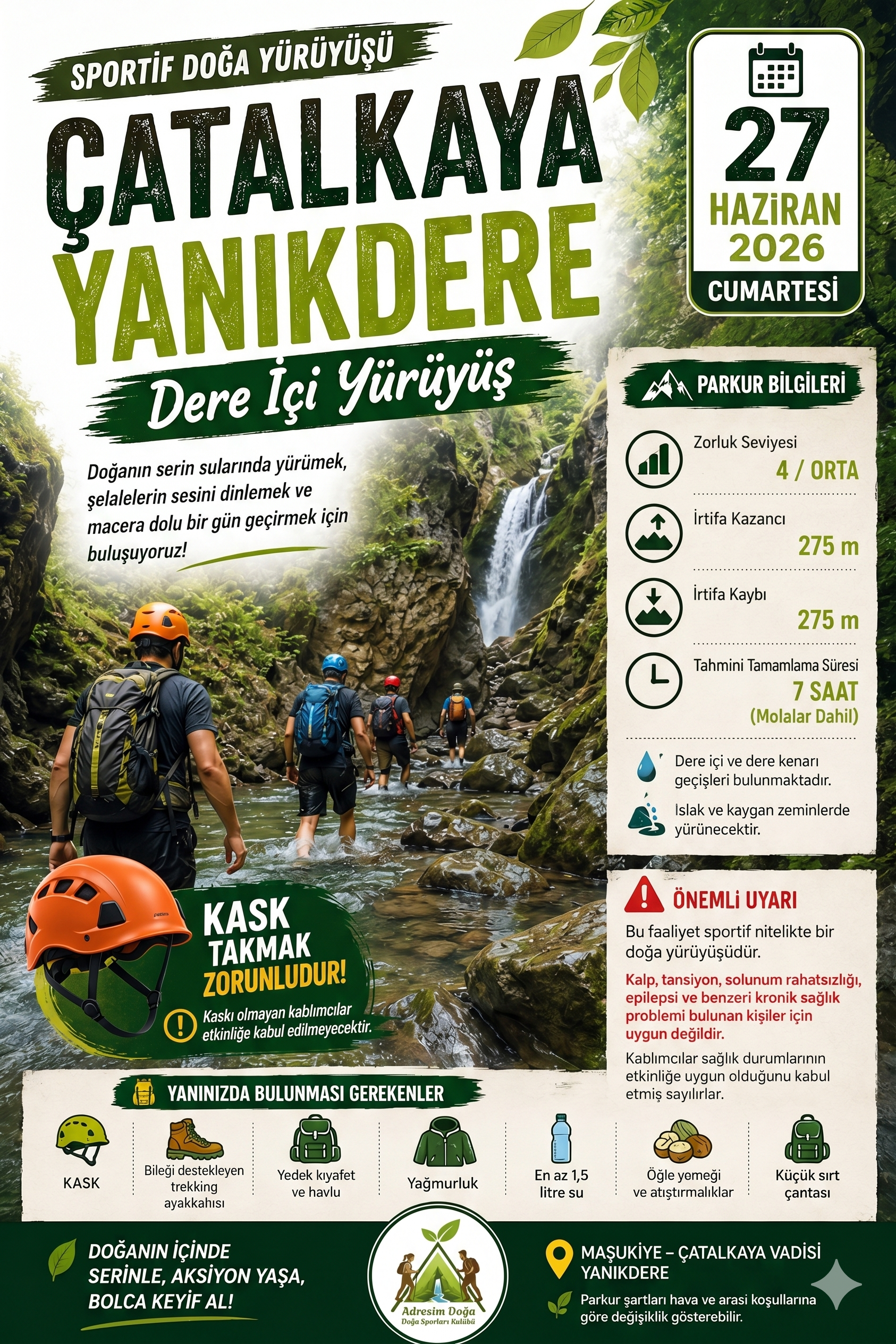 ÇATALKAYA YANIKDERE KANYONU DERE İÇİ SPORTİF DOĞA YÜRÜYÜŞÜ